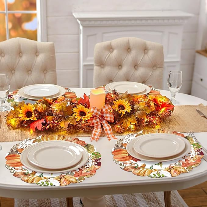50Pcs Fall Round Paper Placemats,13.4 Inch Autumn Pumpkin Round Table Mats Fall Oval Scalloped Disposable Placemats for Harvest Birthday Thanksgiving Party Supplies