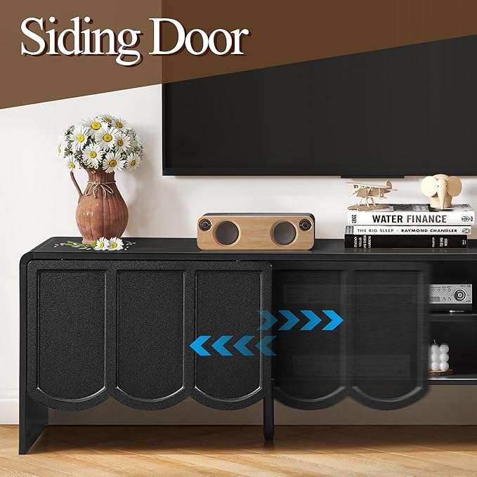 ORRD 63'' TV Stand, Modern TV Console Table Wave Panel Television Stands Entertainment Media Center with Storage Compartment and Sliding Door for Living Room (Black)
