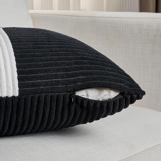 Fancy Homi Set of 2 Black White Lumbar Decorative Throw Pillow Covers 12x20 Inch for Living Room Bedroom Couch Bed Sofa, Soft Striped Corduroy Modern Rectangle Accent Cushion Case 30x50 cm