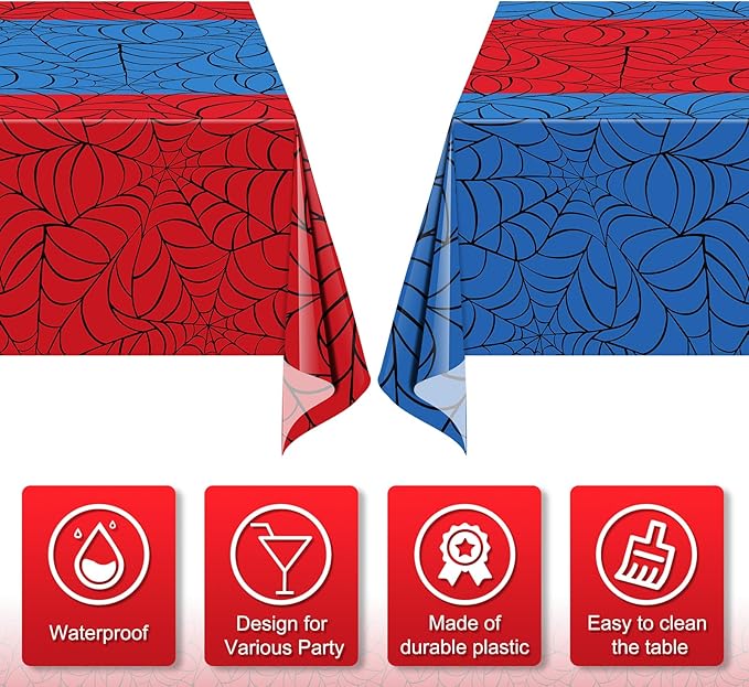 2Pcs Spider Web Themed Birthday Party Tablecloths Decorations,Mix Blue and Red Hero Plastic Table Cover Disposable Rectangle Table Cloth for Baby Shower Kids Boys Birthday Party Supplies,54x108 Inch