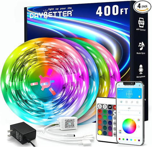 DAYBETTER Led Strip Lights 400 ft (4 Rolls of 100 ft) Color Changing Lights Strip for Bedroom, Desk, Indoor Room Bedroom Valentine Decor, with Remote and 24V Power Supply