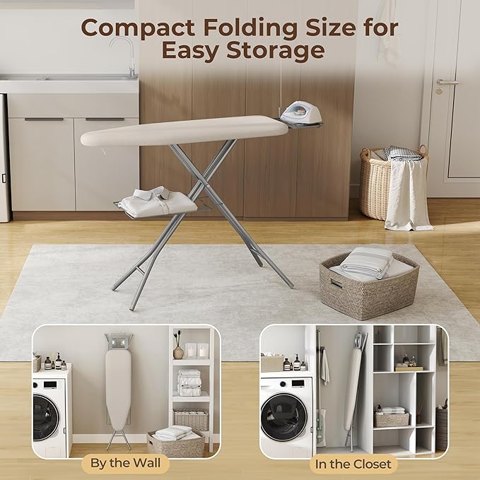 Yaheetech Ironing Board, Compact Iron Board with Cord Holder, Steam Iron Rest and Bottom Storage Tray, 9 Adjustable Heights & 3 Layer Cover, Folding Heavy Duty Ironing Board 52X14, Beige