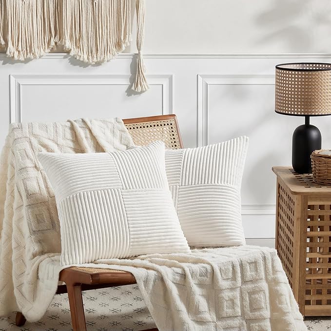 Fancy Homi 2 Packs Cream White Euro Decorative Throw Pillow Covers 26x26 Inch for Couch Bed Sofa, Farmhouse Boho Home Decor, Soft Corss Corduroy Patchwork Textured Square Cushion Case 66x66 cm