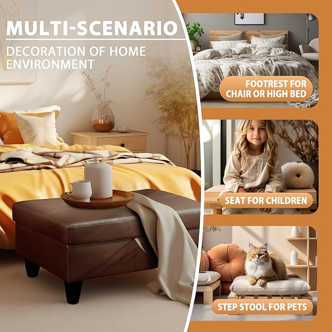 Ottoman Rectangular Storage Ottoman Bench, Faux Leather Footrest, Coffee Table, Stool Footstool with Hinged Lid for Living Room, Bedroom, Entryway, Brown, 28.5"x19"x17.5"