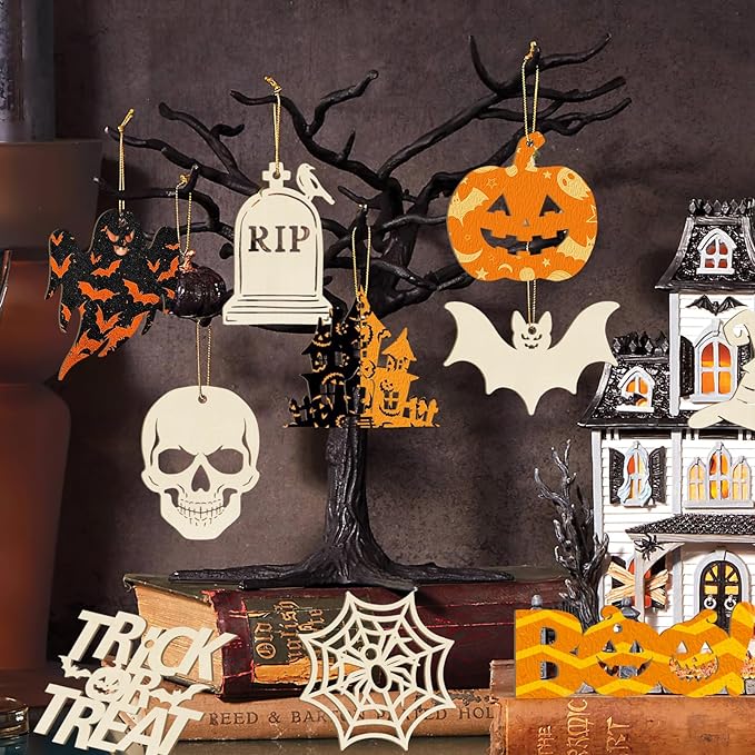 80PCS Wooden Halloween Ornaments to Paint Fall Decorations,10 Styles DIY Blank Autumn Unfinished Wood Skull Pumpkin Ghost Bat Boo Trick or Treat Halloween Cutouts Ornament for Crafts Party Hanging