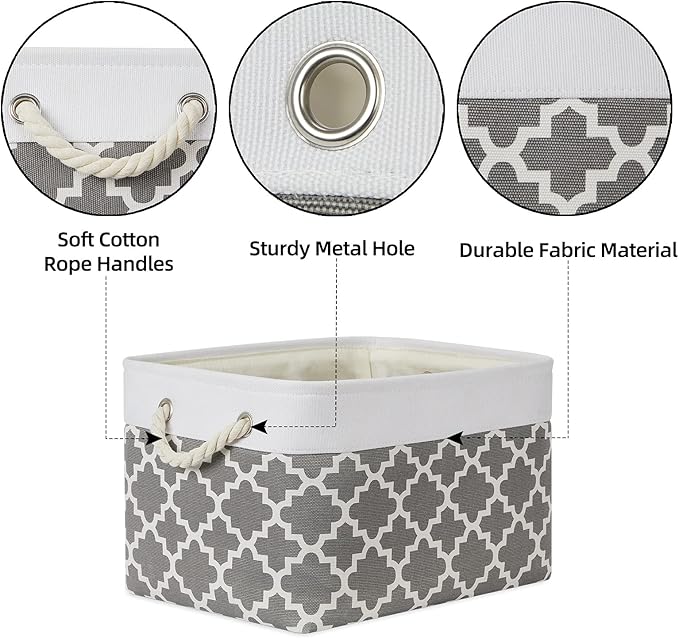 Bidtakay Basket Storage Bins Baskets for Organizing Set of 3 Collapsible Cloth Storage Linen Closet Organizer 15 X 11 X 9.5 Inches Large Foldable Baskets for Shelves (White&Quatrefoil Grey)