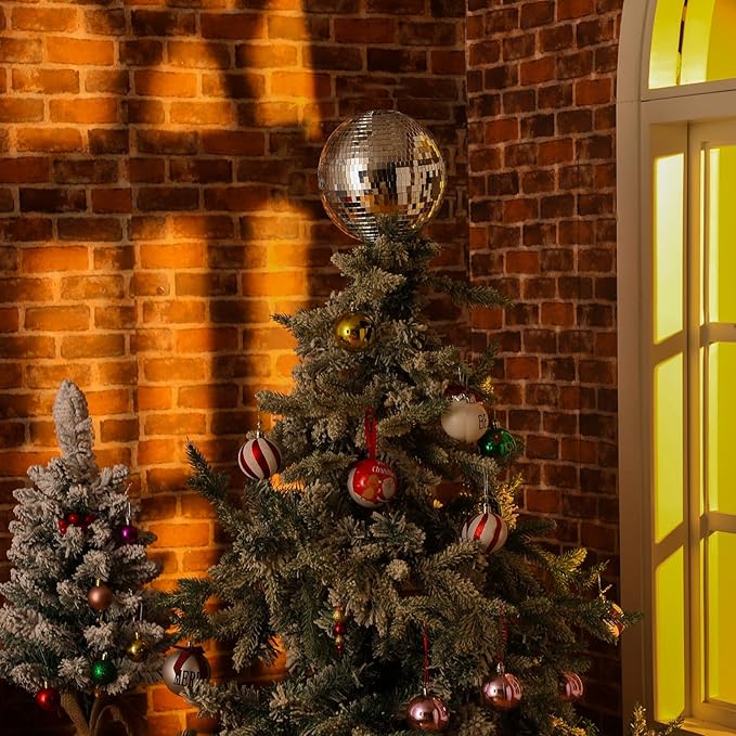 Retisee 6'' Disco Ball Christmas Tree Topper Silver Mirror Xmas Tree Topper 3D Hollow Silver Disco Ball Decor for 70s Holiday Wedding Birthday Party Decorations