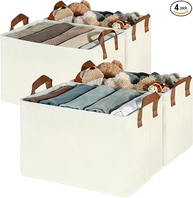 GRANNY SAYS Closet Storage Baskets, Collapsible Fabric Storage Bins with Metal Frame, Clothes Organizer Bins, Extra Large Baskets for Shelves, Ivory, 4-Pack