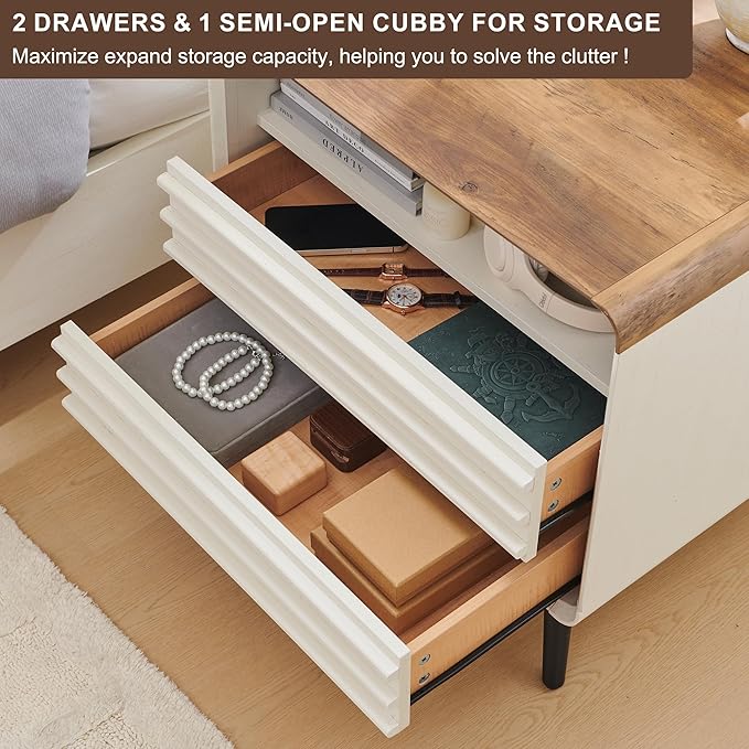 RedLemon 24" Nightstand Set of 2 with Charger Station, Mid Century Modern Fluted End Table with 2 Drawers，Wooden Side Table with Open Cubby Storage for Living Room, Bedroom, Office (Antuique White)