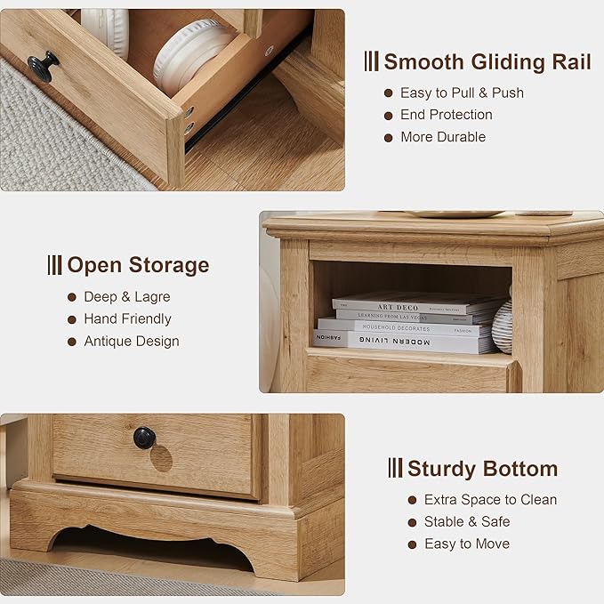 T4TREAM Nightstand with Charging Station, 18 Inch Vintage End Table with 2 Drawers, Wood Rustic Sofa Side Table with Open Storage Shelf for Bedroom, Living Room, Natural Oak