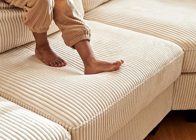 Nolany Sectional Couch with Storage Ottoman, U Shape Sectional Sofa with Chaise, Corduroy Modular Sectional Couches for Living Room, Beige