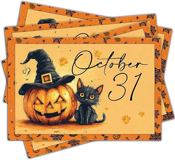 Halloween Pumpkin Placemats Set of 4, 12x18 Inch Pumpkin and Black Cat Table Mat, Washable Heat Resistant Place Mats for Kitchen Dining Table, Spooky Themed Decoration for Home-B09