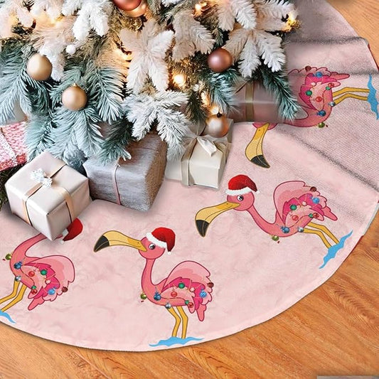 36" Large Christmas Tree Skirt, Christmas Decorated Flamingo Pattern Tree Mat Base Cover for Xmas Festive Holiday Party Decoration Ornaments