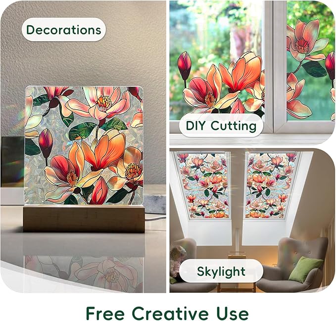 DUOFIRE Window Privacy Film Decorative Stained Glass Window Film Rainbow Magnolia Floral Static Cling Non-Adhesive Reusable Anti UV Colorful Window Decal for Home 16.92×39.37 inch