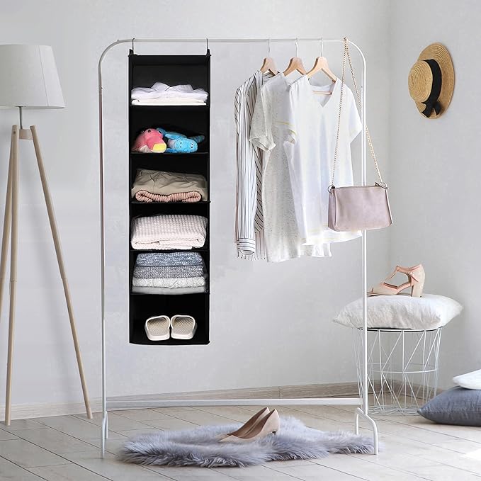 MAX Houser 6 Tier Shelf Hanging Closet Organizer, Closet Hanging Shelf with 2 Sturdy Hooks for Storage, Foldable (Black)