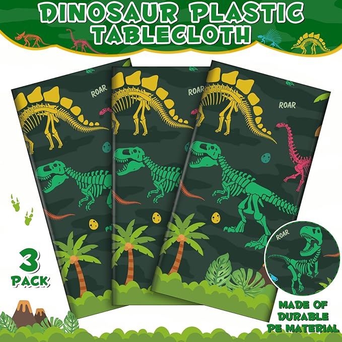 3 Pack Dinosaur Plastic Tablecloth, 54 X 108Inch Disposable Dinosaur Party Table Cloth for Rectangle Tables Waterproof Table Cover for Kids Birthday Party Supplies