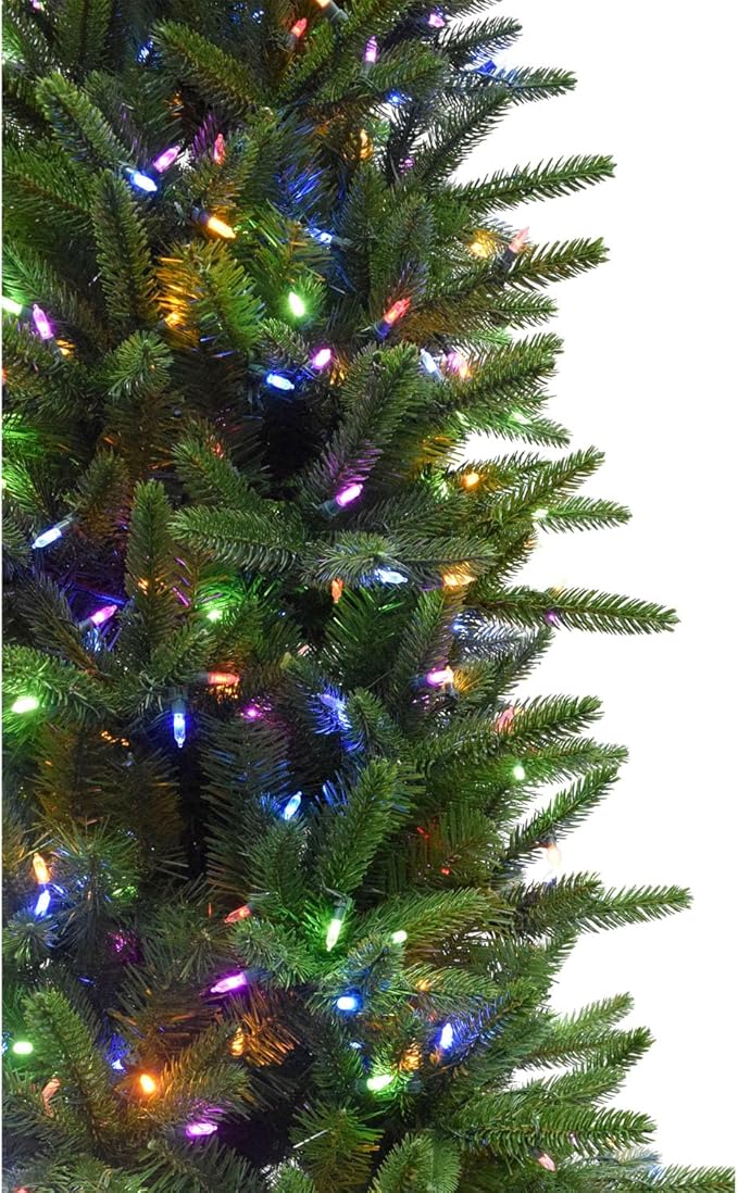 Fraser Hill Farm 9-Ft. Carmel Pine Slim Artificial Christmas Tree with Dual Multicolor & Warm White LED Lights and Stand, Prelit Foldable Fake Tree with Realistic Foliage for Home Decoration