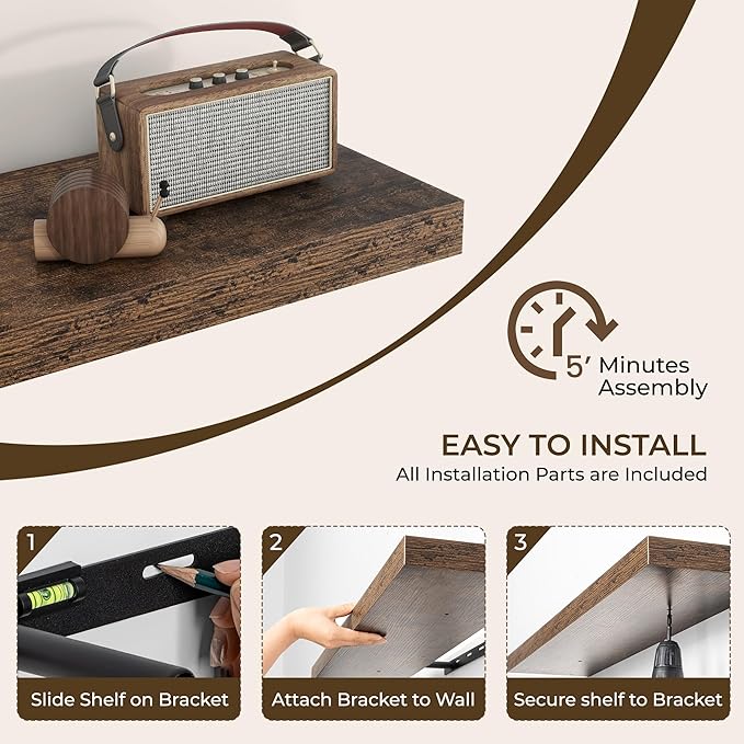 RICHFOCUS 16Inch Floating Shelves for Wall 2 Pack Shelves for Bedroom|Kitchen|Bathroom Wall Mounted Rustic Wood Floating Shelf with Invisible Brackets for Books|Storage|Decor, Rustic Brown