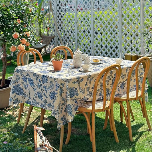 Floral Rectangle Outdoor Tablecloth, Thick Waterproof Table Cloth, Decorative Dining Table Cover for Picnic, Farmhouse, Wedding, Easter, Party - 60'' x 108'', Blue Flower