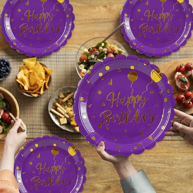50PCS Purple Birthday Party Plates Decorations, 7 Inch Scalloped Purple and Gold Paper Plates Disposable Happy Birthday Dessert Cake Plate Party Supplies for Birthday's Decorations
