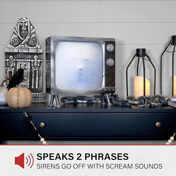 Haunted Hill Farm Haunted TV by Tekky, Battery-Operated, Motion Activated Animatronic Television with Sound Effects and Lights for Indoor or Covered Outdoor Creepy Halloween Decoration, 11" Haunted Tv