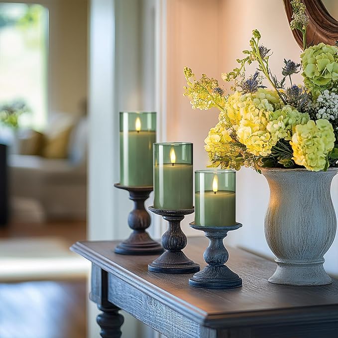 Amagic Green Glass Flameless Candles with Remote and Timer, Real Wax Battery Operated Candles, Flickering Electric LED Pillar Candles for St. Patrick's Day, Christmas Party Decor, Set of 3