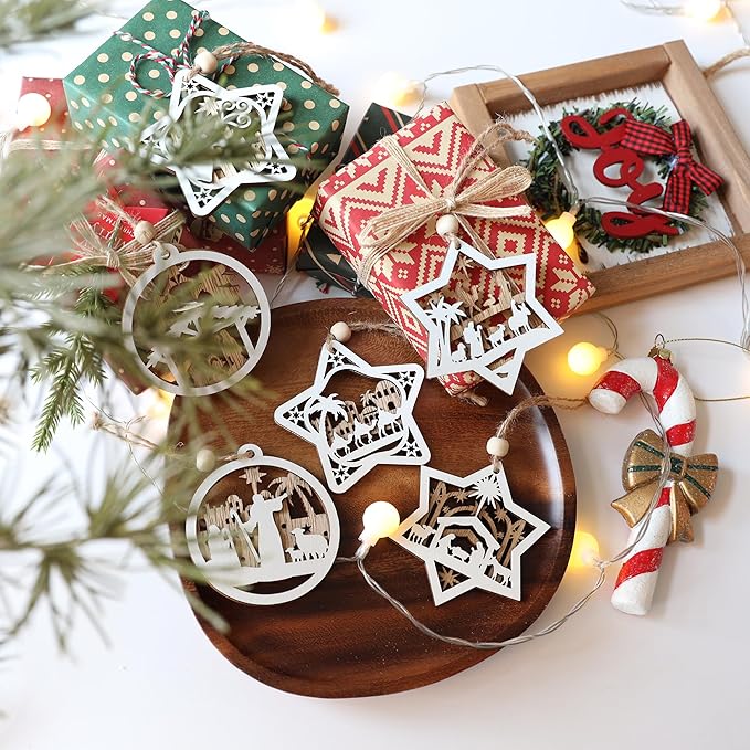 18Pcs Nativity Christmas Tree Ornaments Set, Wooden Nativity Scene Ornament, Religious Gift for Christian Family Christmas Decoration