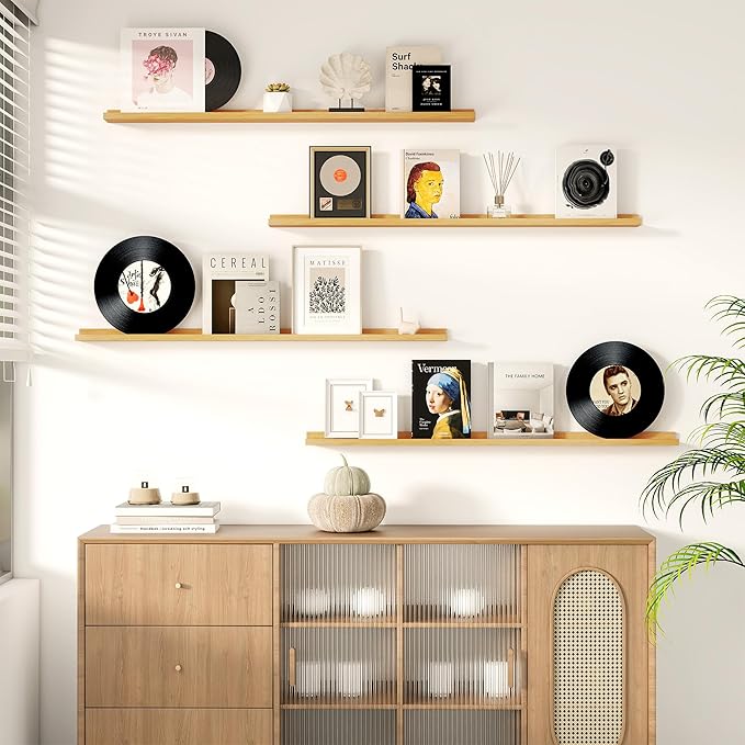 Picture Ledge Shelf for Wall, Floating Shelves Set of 4, 48 Inch Long Nursery Book Shelves for Toys Storage, Kids Bookshelf Wall Mounted for Books Photo Frames, Oak