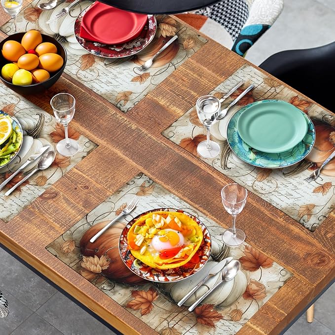 Fall Vintage Pumpkin Leaves Placemats Set of 4 Autumn Thanksgiving Harvest Linen Dinner Place Mats 12x18 Burnt Orange and White Rustic Farmhouse Decorative Kitchen Table Mats
