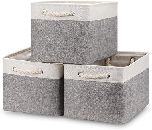 Bidtakay Baskets Set of 3 Storage Baskets for Organizing Large Fabric Storage Bins for Shelves Decorative Canvas Bins Collapsible Empty Baskets for Closet,Nursery,Clothes,Toys,Shoes(White&Grey)