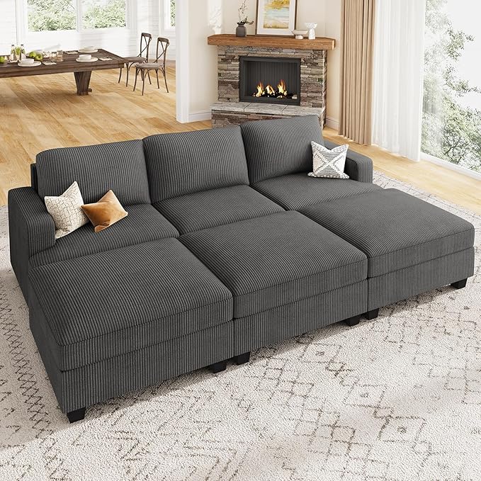 Nolany Corduroy Sectional Couch with Storage Ottoman, Sleeper Sectional Sofa with Chaise, Modular Sectional Couches for Living Room, Dark Grey