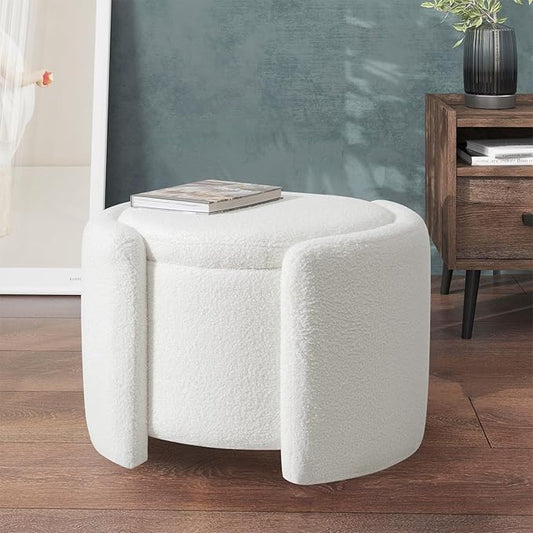 Furniliving Upholstered Button Tufted Round Ottoman, Ottoman with Storage, Teddy Footrest Stool, Removable Lid Convenient Footstools, Bedroom Ottomans with Storage for Vanity, Living Room, White