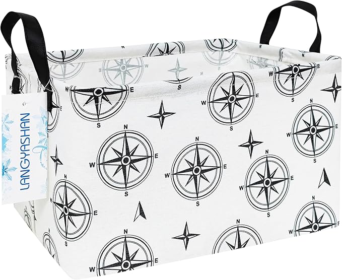 LANGYASHAN Rectangular Storage Bin Collapse Canvas Fabric Cartoon Storage Basket with Handles for Organizing Home Kitchen Boys and Girls Toys Office Closet Shelf Baskets (Rec Black Compass)