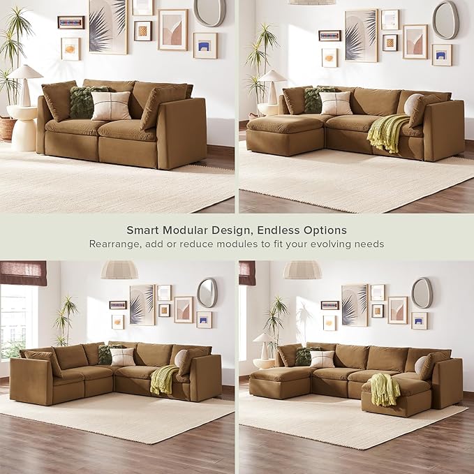 mopio Oversized Modular Sectional Sofa with Fully Removable Covers and Storage, Convertible U, L-Shaped and Sleeper Sectional, Modern Couches with Ottoman Chaise (Hazelnut Velvet, Loveseat)
