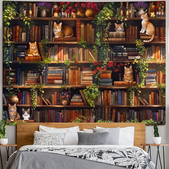 Accnicc Plant Cat Bookshelf Tapestry Botanical Floral Flower Cats Book Tapestries Wall Hanging Vintage Library Extra Large Tapestry for Bedroom Living Room Dorm 90 x 68 inch