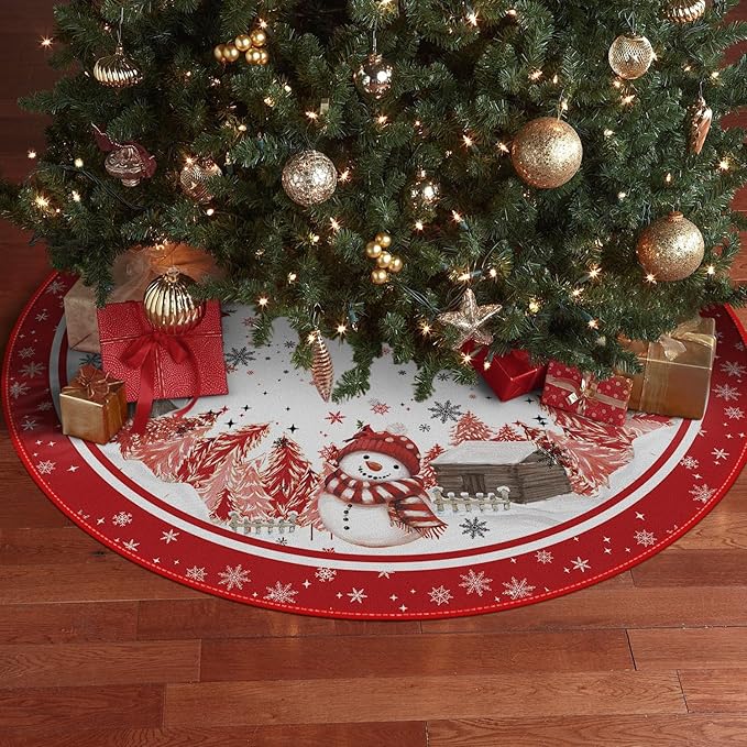 AVOIN colorlife Snowflake Snowman Cardinal Christmas Tree Skirt 48 Inch, Winter Holiday Tree Mat Decoration Red
