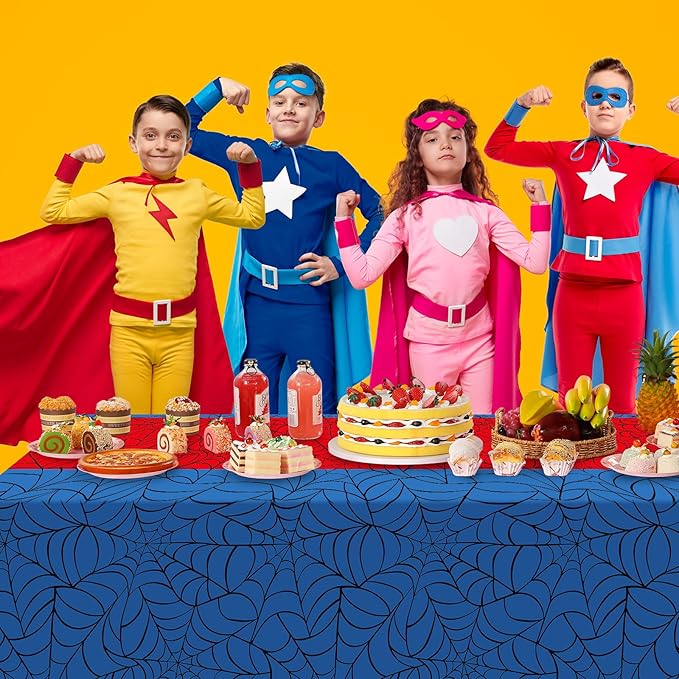 3Pcs Spider Web Themed Birthday Party Tablecloth Decorations,Blue Hero Plastic Table Cover with Red Runner Disposable Rectangle Table Cloth for Baby Shower Kids Boy Birthday Party Supplies,54x108 Inch