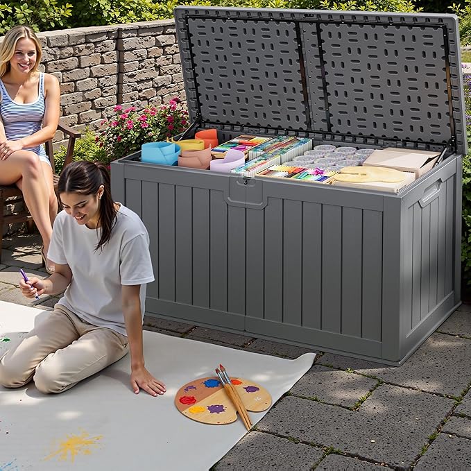 JUMMICO 250 Gallon Outdoor Resin Deck Box with Divider, Waterproof Storage Box with Lockable Lid&Side Handles for Garden Tools, Pools Supplies (Gray)