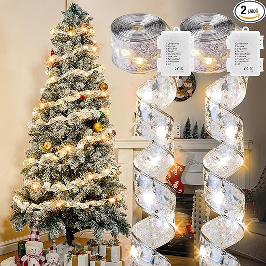 2 Pack Christmas Tree Ribbon String Lights - 33ft 100 LED Battery Powered Ribbon Bow Fairy Lights with Timer and 8 Lighting Modes for 6ft - 8ft Christmas Tree New Year Decor, Silver Ribbon