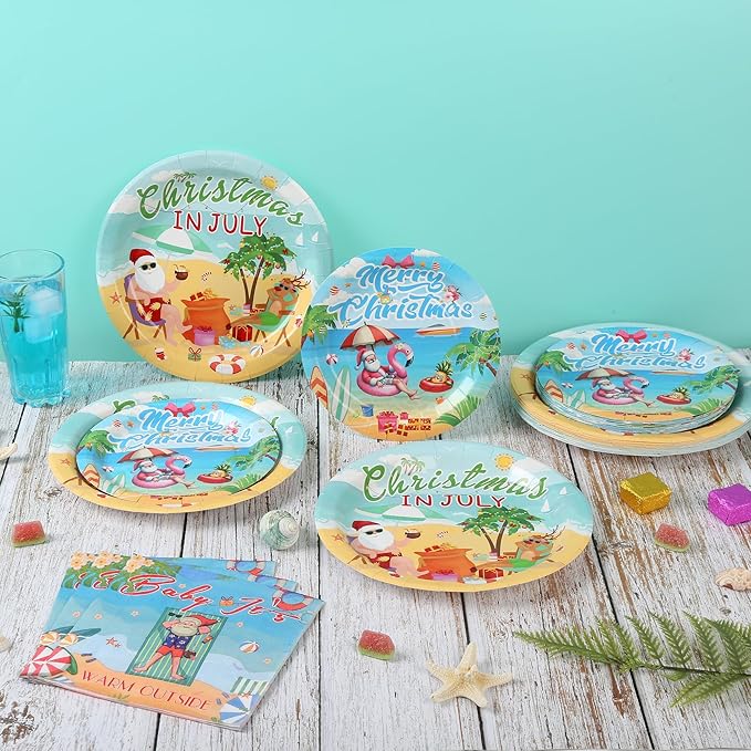 150Pcs Christmas in July Party Decorations Plates Napkins Summer Tropical Hawaiian Christmas Santa Beach Paper Plates for Christmas in July Beach Pool Party Supplies,Serves 50