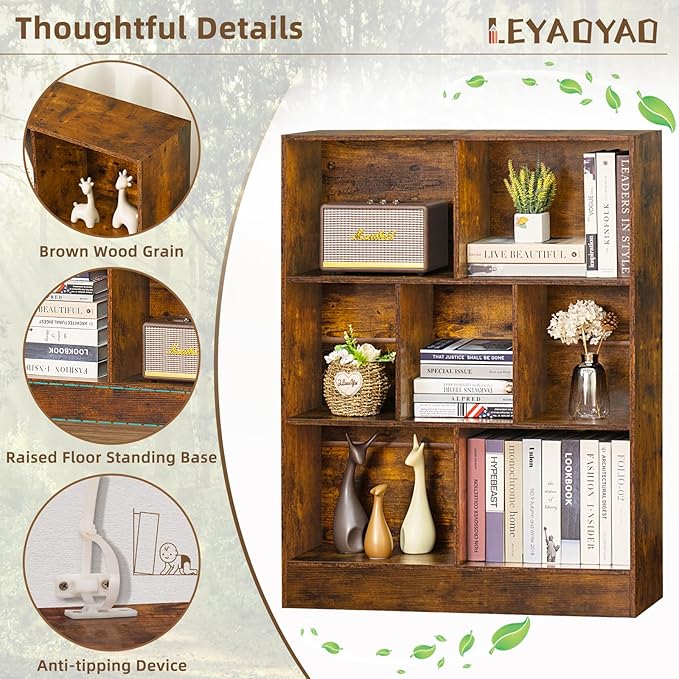 LEYAOYAO 7 Cube Bookshelf with Wood Base, Brown 3 Tier Mid-Century Modern Bookcase,Standing Wide Bookshelves Storage Organizer Shelf,Rustic Display Cabinet Book Shelves for Bedroom,Living Room,Office