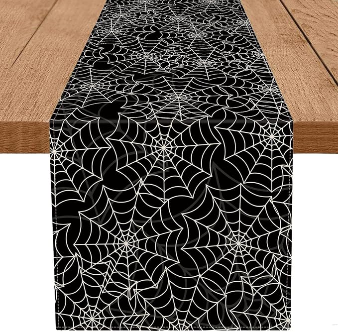 Halloween Table Runner Spider Web Black Linen Table Runners for Seasonal Holidays Indoor Outdoor Kitchen Dining Party Home Decor 13 x 36 Inch