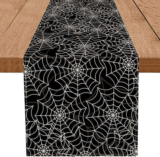 Halloween Table Runner Spider Web Black Linen Table Runners for Seasonal Holidays Indoor Outdoor Kitchen Dining Party Home Decor 13 x 108 Inch