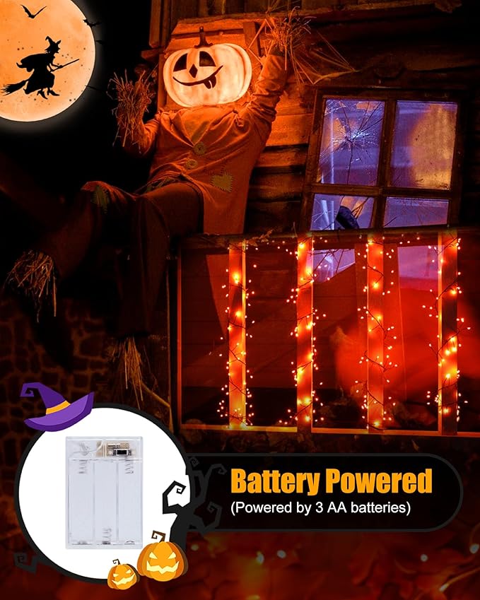 Fairy Lights Battery Operated, Twinkle String Lights Waterproof Silver Wire 5 Feet 60 Led Firecracker Starry Lights for DIY Wreath Home Party Bedroom Mason Jar Indoor Halloween Decoration, Orange