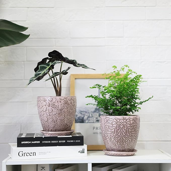 6 Inch Retro Ceramic Planter Set of 2 with Drainage Hole and Saucer for Plants, Indoor-Outdoor Garden Pots for Succulent, Orchid, and Flower (Fits Inner Pots Up to 5 Inches, Retro Peach)