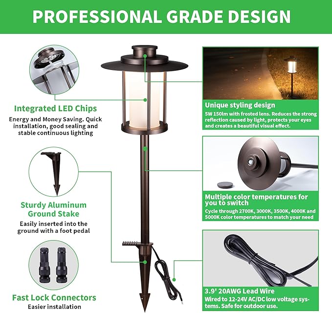 Low Voltage Landscape Path Light, Warm & Cool White Selectable Pathway Lights Wired, 12v Walkway Lamp IP65 Waterproof, LED Oil-Rubbed-Bronze Aluminum 150LM for Outside Patio Yard (4 Pack)