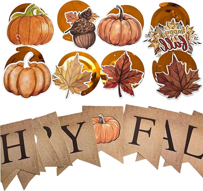 Fall Party Decorations/Happy Fall Banner with Maple Leaves Garland Fall Thanksgiving Day Decorations with Hanging Leaf Swirls, Maple Leaf Garland, Pumpkin Acorn Autumn Theme Party Decor Bunting