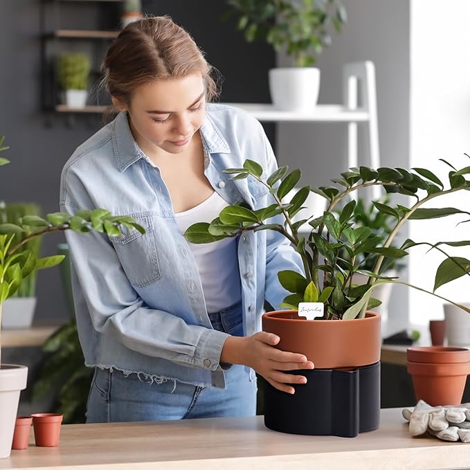 8 Inch Self-Watering Planter Pot with Terracotta Insert, Deep Water Reservoir, and Ceramic-Alike BPA-Free Plastic Planter Pot for Plant, Modern Planter for Houseplants, Black/Terracotta, 53-B-T-5