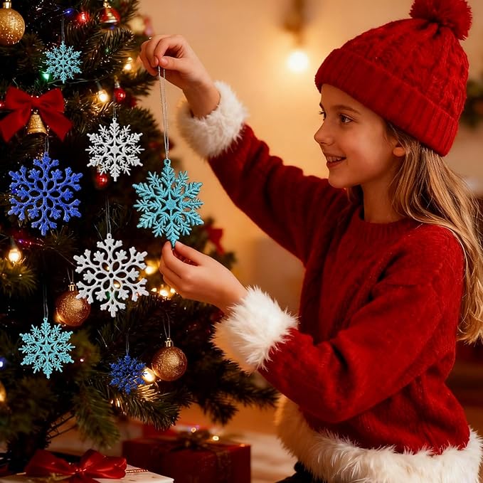 36pcs Blue Silver Christmas Snowflake Ornaments, Plastic Glitter Hanging Snow Flakes for Christmas Tree Decorations Winter Wonderland Frozen Birthday Party Home Decor Craft Snowflakes