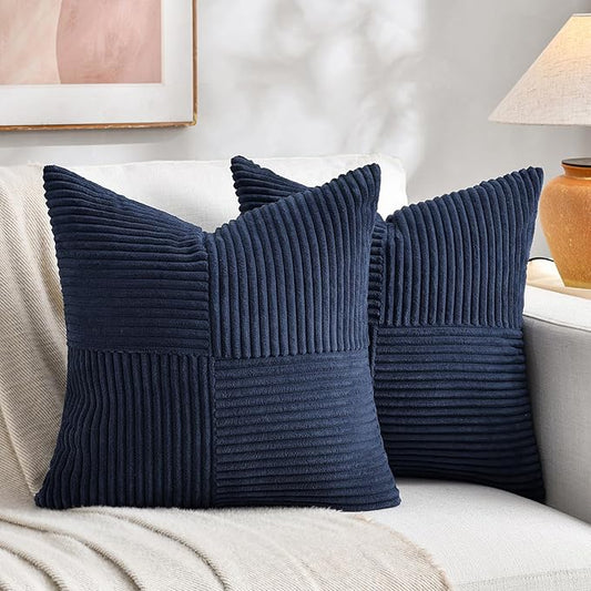 Fancy Homi 2 Packs Navy Blue Samll Decorative Throw Pillow Covers 12x12 Inch with for Couch Bed Sofa, Rustic Farmhouse Boho Home Decor, Soft Corss Patchwork Corduroy Square Cushion Case 30x30 cm